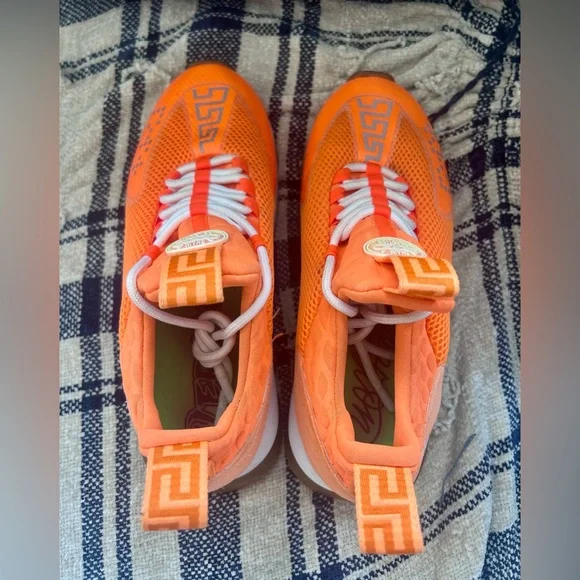 VERSACE MENS NEON ORANGE CHAIN REACTION SNEAKERS - Size 46 - $995 - Picture 6 of 14